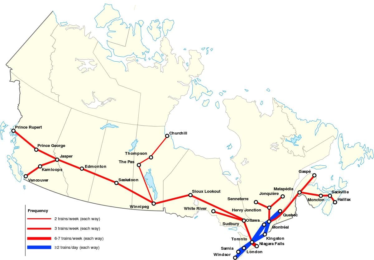 地図のカナダの鉄道路線