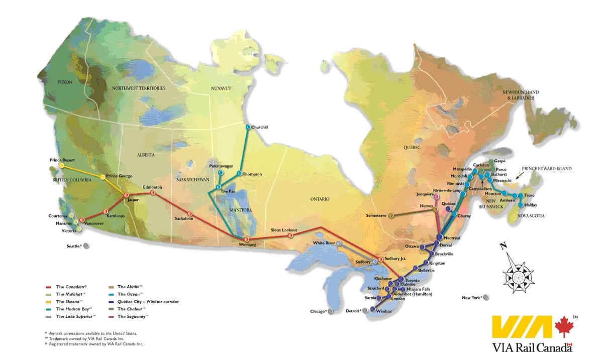 カナダの鉄道ネットワークの地図