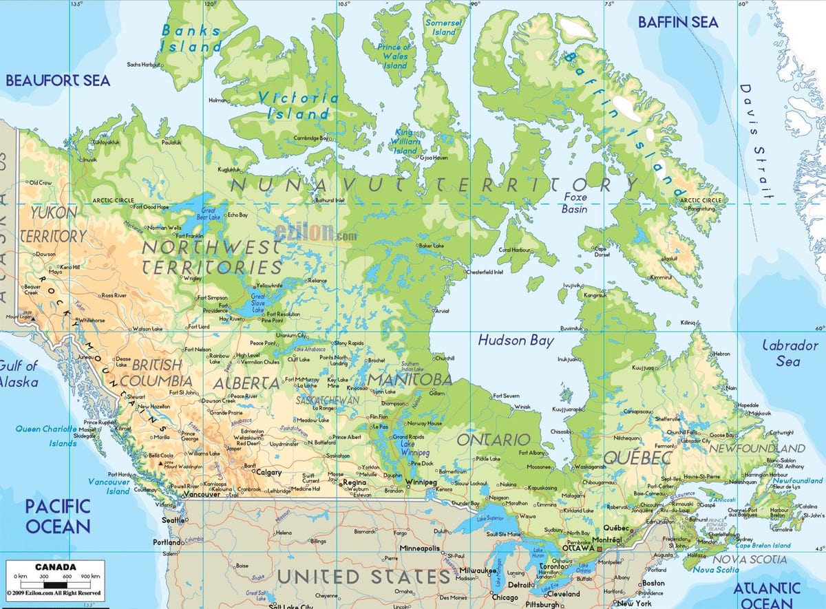 物理地図のカナダ